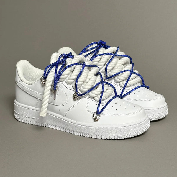 AF1 WHITE LOW CUSTOM ROPE LACE 1 & LACET BRILANT BLEU NAVY